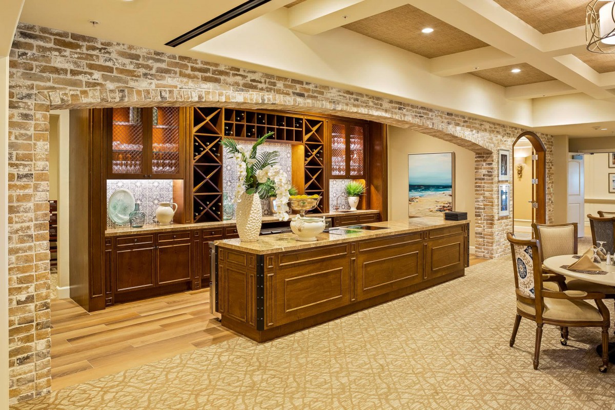 A modern reception area with elegant wooden furniture and tasteful decor.