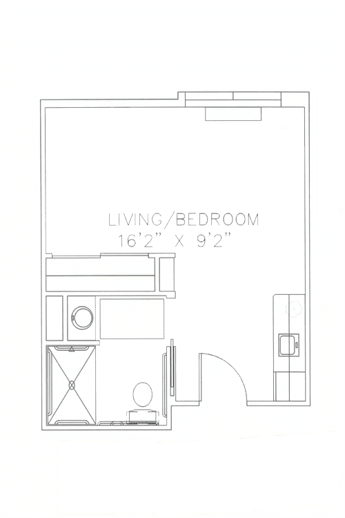 Studio apartment floor plan with living/bedroom and bathroom.