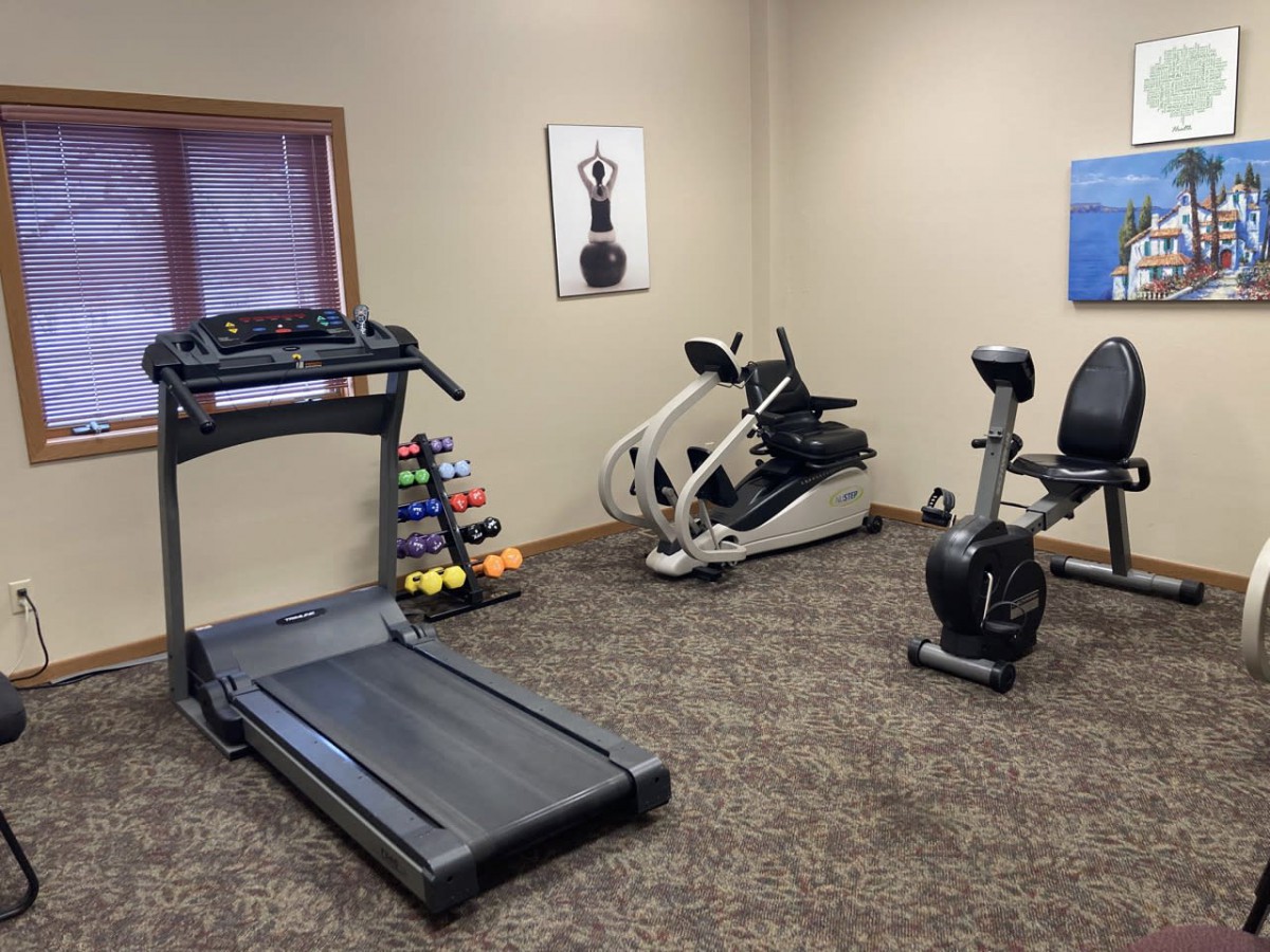 A small home gym featuring a treadmill, stationary bike, elliptical machine, and a rack of dumbbells.
