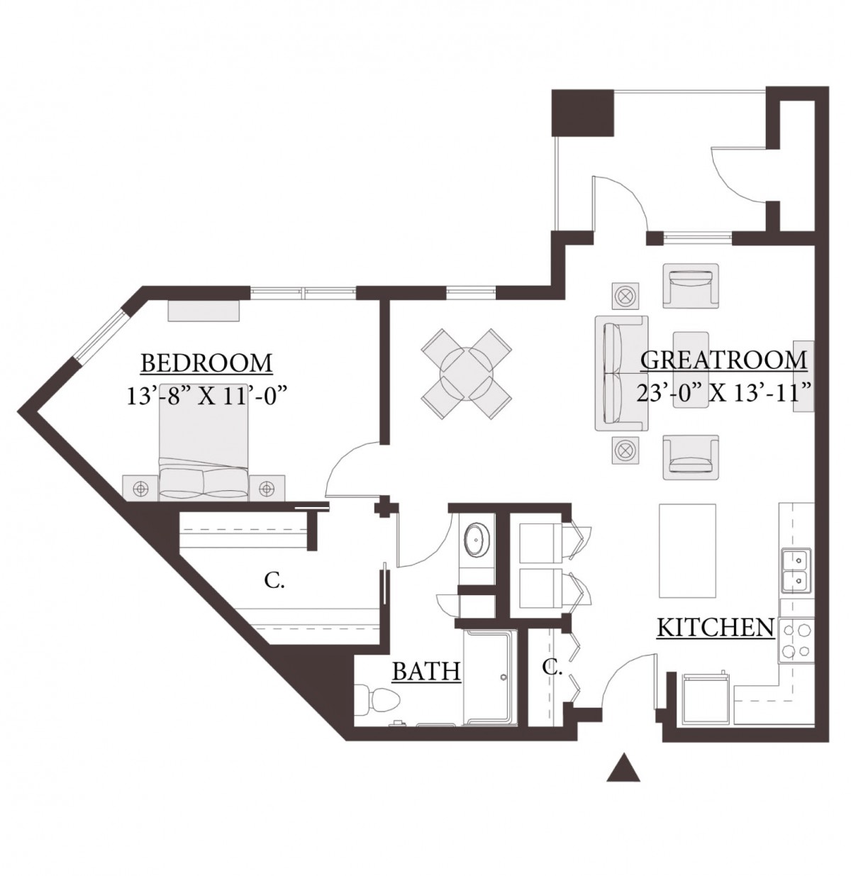 Layout of a one-bedroom apartment featuring an open great room and kitchen.
