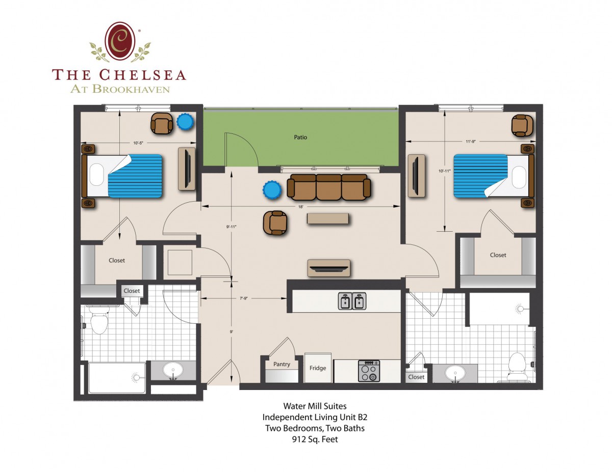 Floor plan of a two-bedroom apartment with living room, kitchen, and bathrooms.