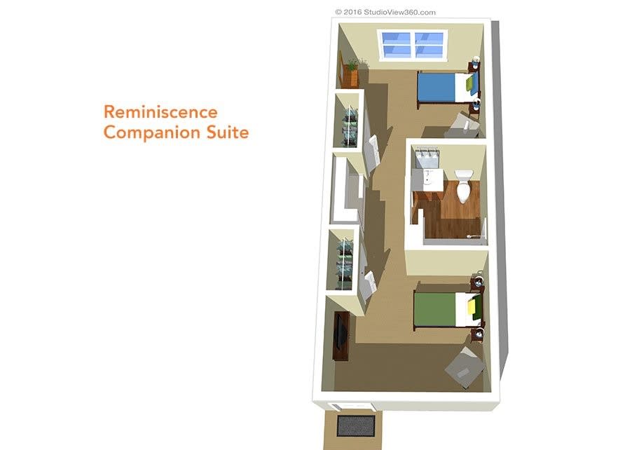 3D floor plan of a Reminiscence Companion Suite with two beds, a shared bathroom, and living space.