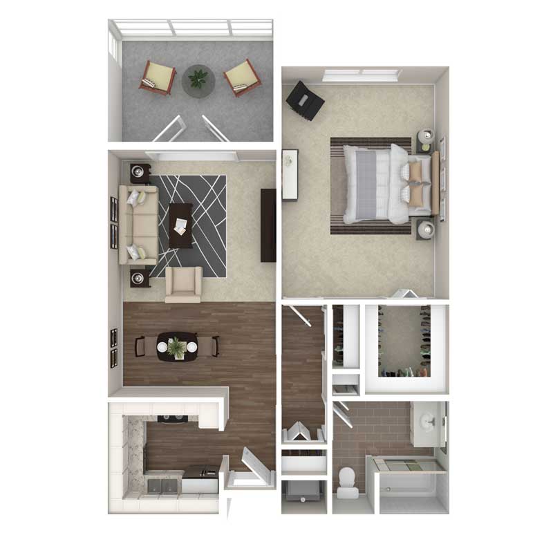 A one-bedroom apartment floor plan featuring a living room, kitchen, bathroom, and balcony.
