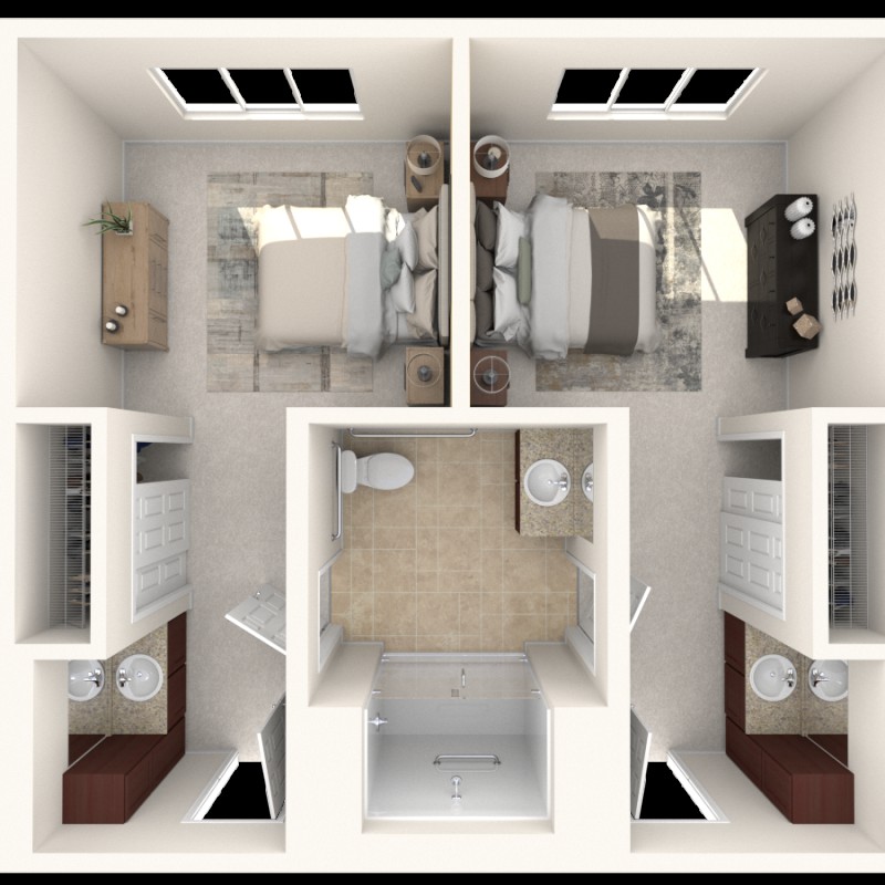 A top-view floor plan of a two-bedroom apartment with distinct living areas and bathroom.