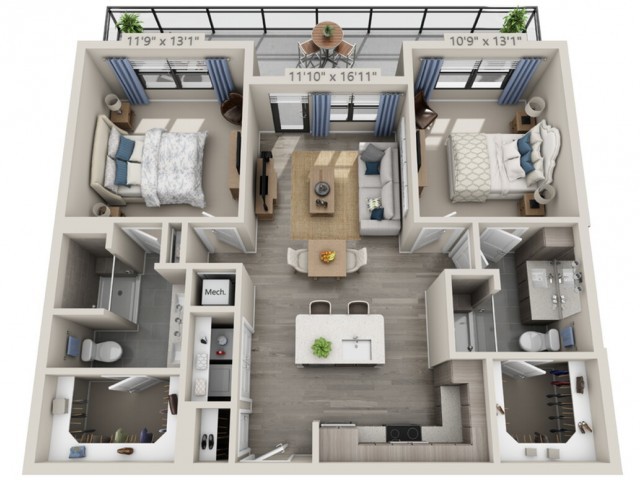 A 3D floor plan of a modern two-bedroom apartment, featuring a spacious living area, kitchen, and bathrooms.
