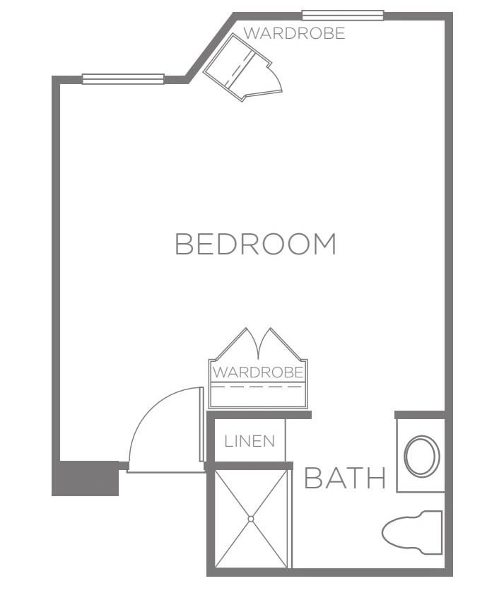 A simple floor plan showing a bedroom and bathroom layout.