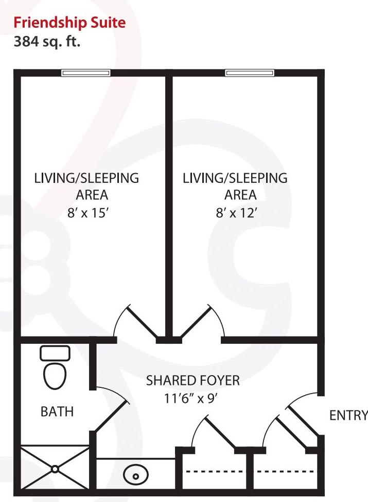 A floor plan showing a studio apartment layout with two living/sleeping areas, a shared foyer, and a bathroom.