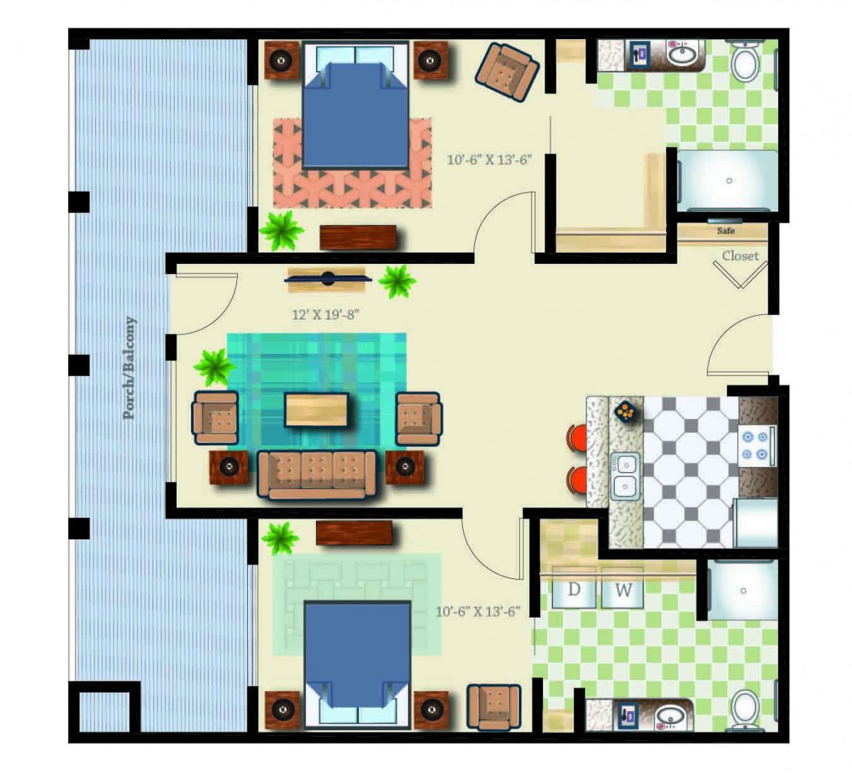 A detailed floor plan of a 2-bedroom apartment featuring a living room, kitchen, two bathrooms, and a balcony.