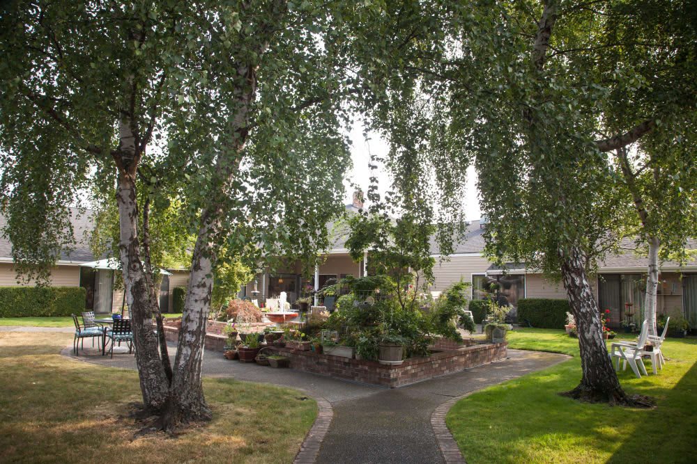 A serene garden pathway surrounded by lush trees and vibrant landscaping.