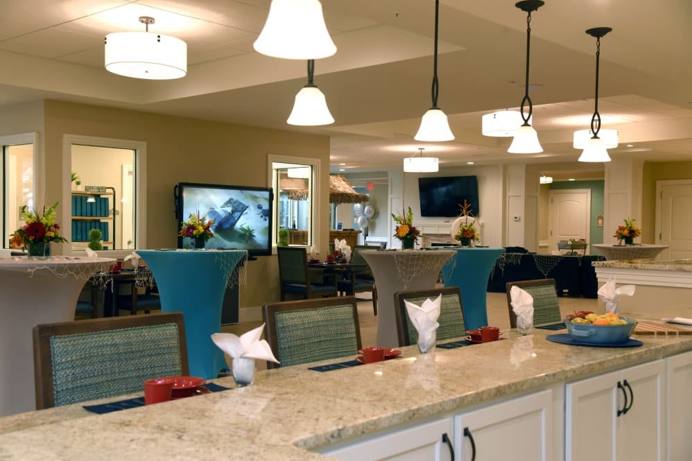 A modern lobby area with stylish lighting and comfortable seating arrangements.