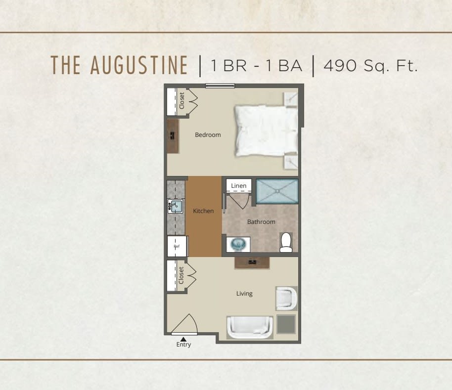 The Augustine: A 1-bedroom, 1-bathroom apartment floor plan with 490 square feet.