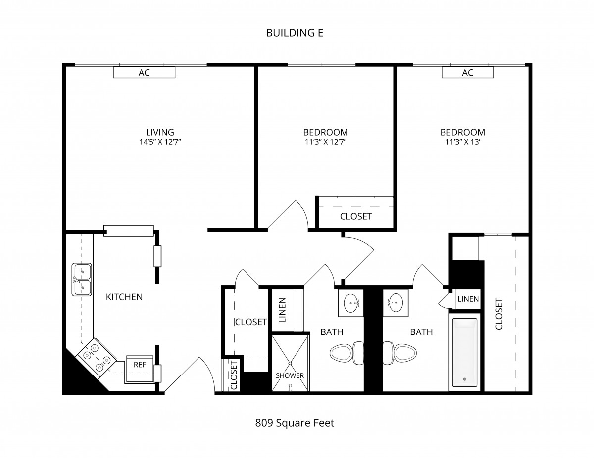A detailed floor plan of a two-bedroom apartment featuring a living room, kitchen, two bathrooms, and a balcony.