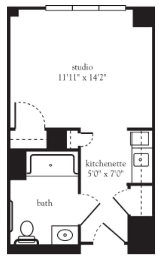 A floor plan of a studio apartment featuring a kitchenette and bathroom.