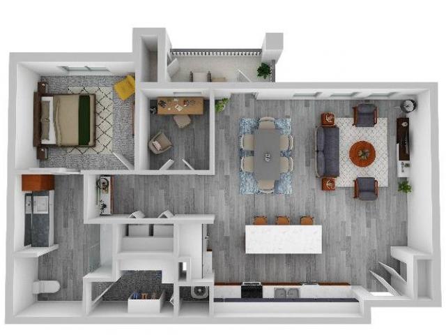 A modern apartment floor plan featuring an open living and dining area, bedroom, bathroom, and kitchen.