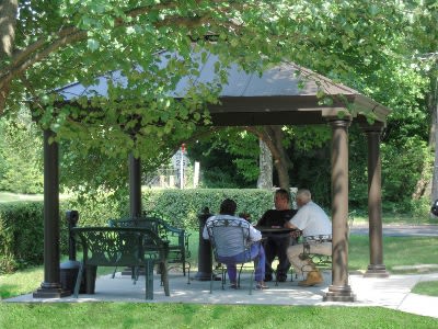 A group of people sitting under a gazebo in a park enjoying the shade.