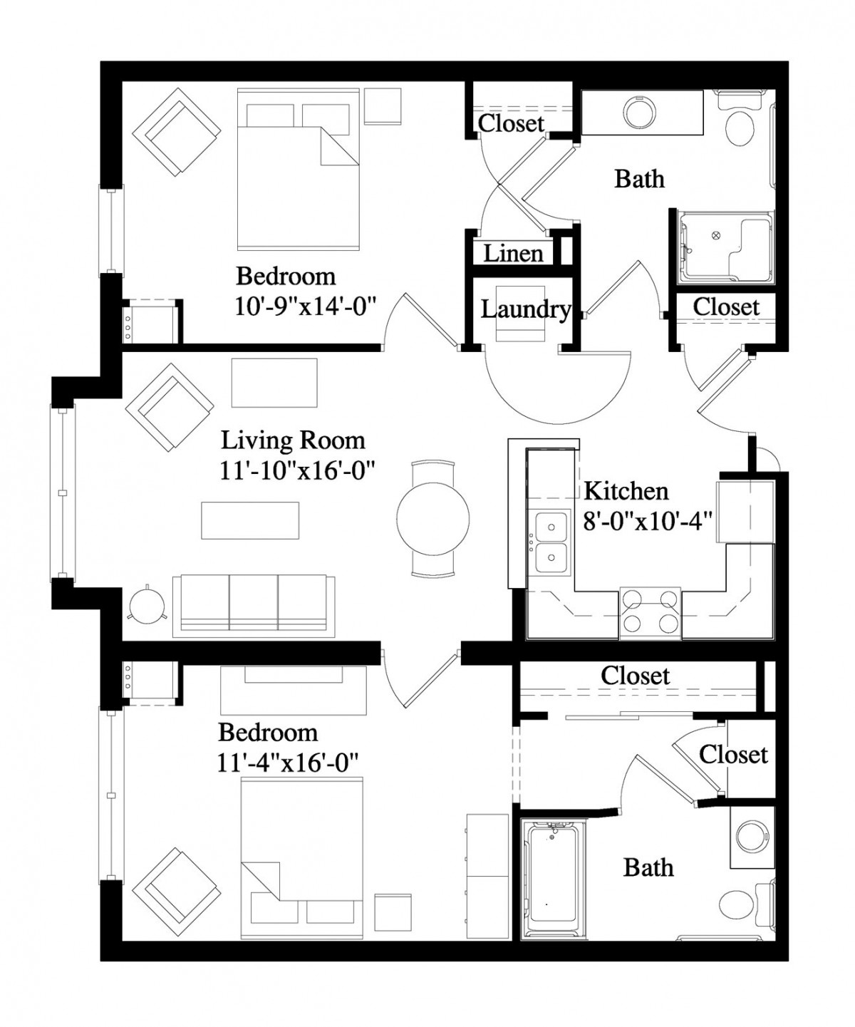 A floor plan of a two-bedroom apartment featuring a living room, kitchen, two bathrooms, and closets.