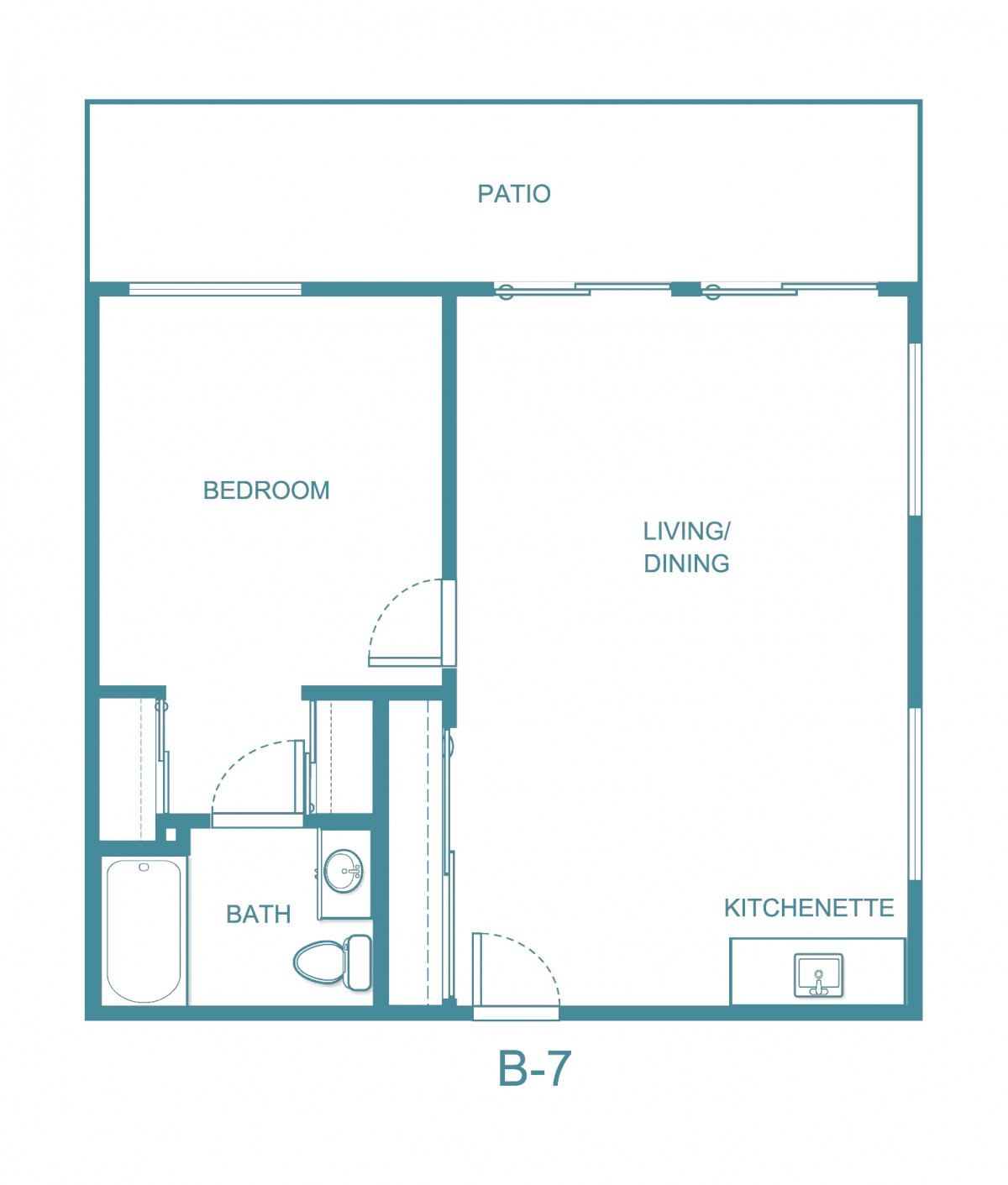 A floor plan for a one-bedroom apartment with a living/dining area, kitchenette, bathroom, and patio.