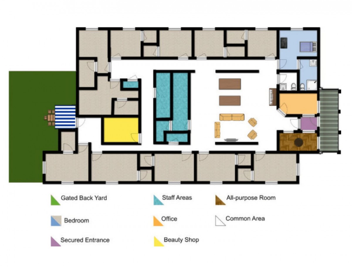 An architectural floor plan showing the layout of various rooms including bedrooms, office space, and common areas.