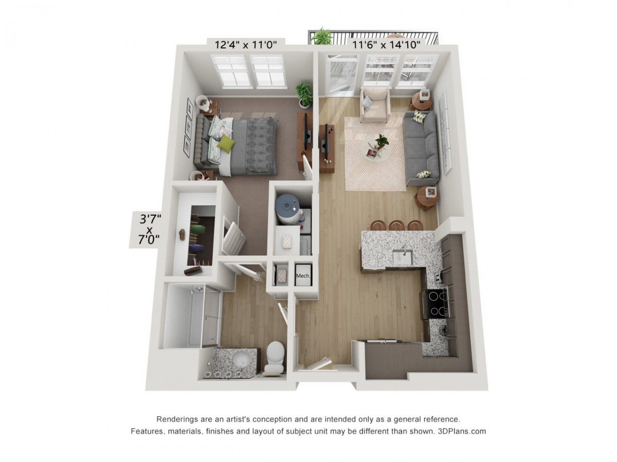 A 3D-rendered floor plan of a one-bedroom apartment, showcasing the layout with a living area, kitchen, bedroom, and bathroom.