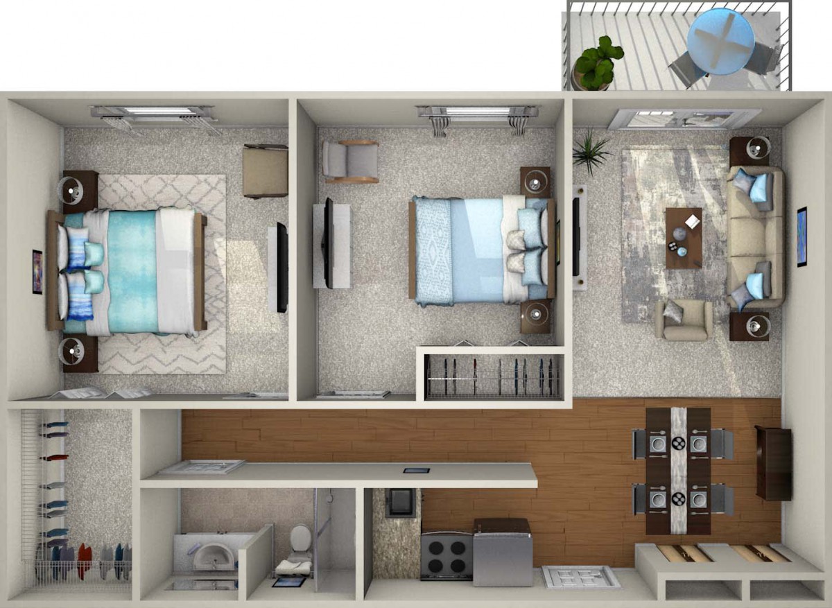 A detailed floor plan of a modern apartment with two bedrooms, a living room, kitchen, dining area, and balcony.