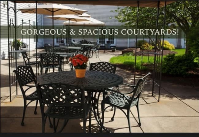 A gorgeous and spacious courtyard with elegant patio furniture and umbrellas, perfect for relaxing outdoors.