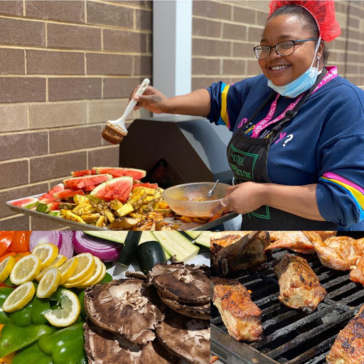 A lively cook preparing a delicious barbecue feast with vibrant vegetables and grilled meats.