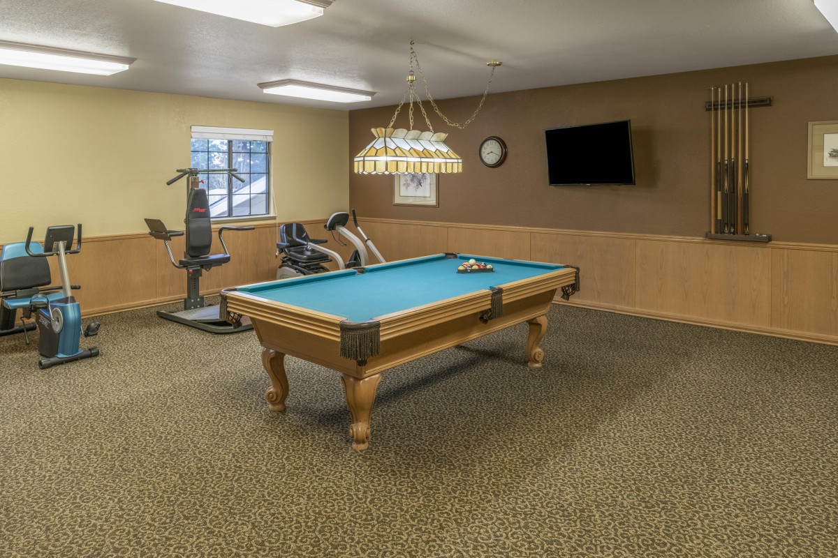 A well-lit game room featuring a pool table and exercise equipment.