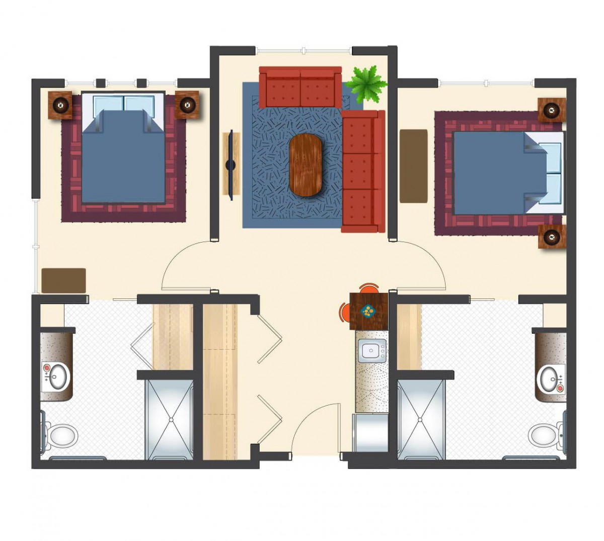 A two-bedroom apartment floor plan with a central living room and bathrooms adjacent to each bedroom.