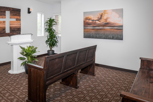 A tranquil waiting area featuring a wooden bench, decorative plants, and an artistic landscape painting.