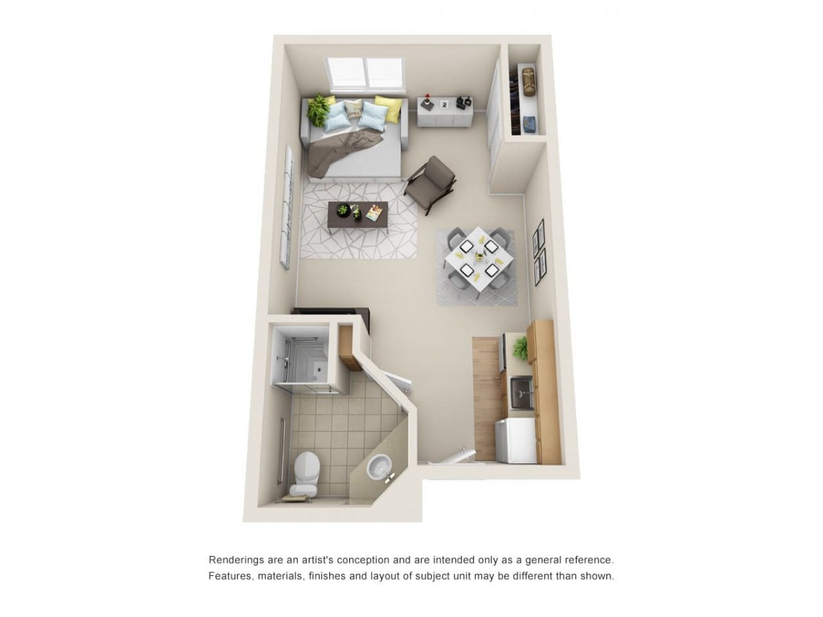 A 3D rendered floor plan of a studio apartment showcasing an open living area, kitchen, and bathroom.
