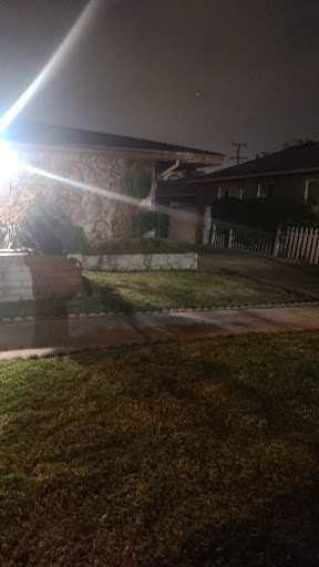 A nighttime view of a house with a well-kept yard illuminated by outdoor lighting.