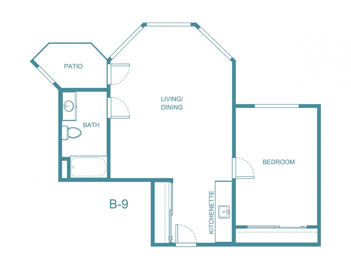 A floor plan layout of a one-bedroom apartment.