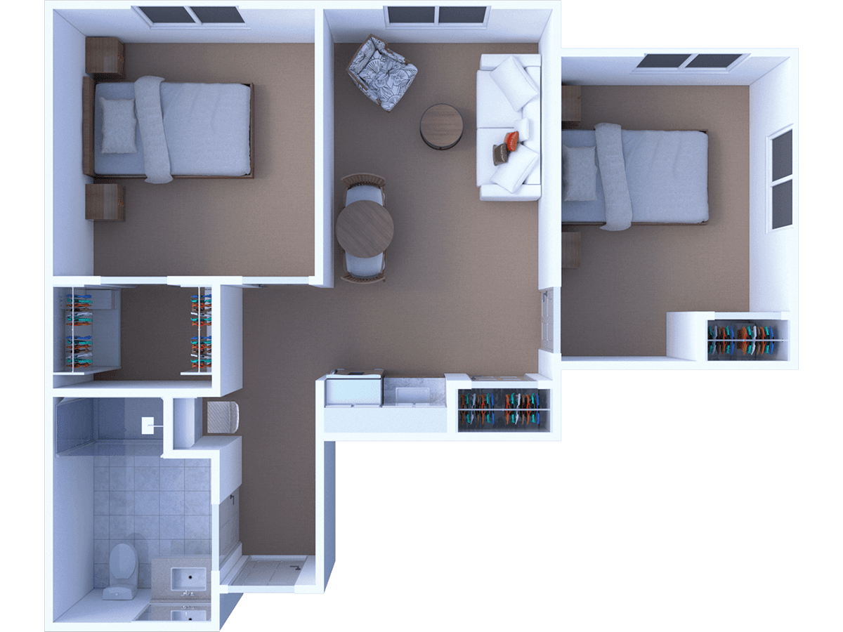 A digital floor plan of a two-bedroom apartment with labeled rooms and furniture.