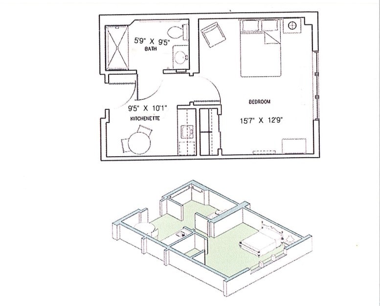 A floor plan and a 3D model of a one-bedroom apartment, showcasing the room layout and interior design.
