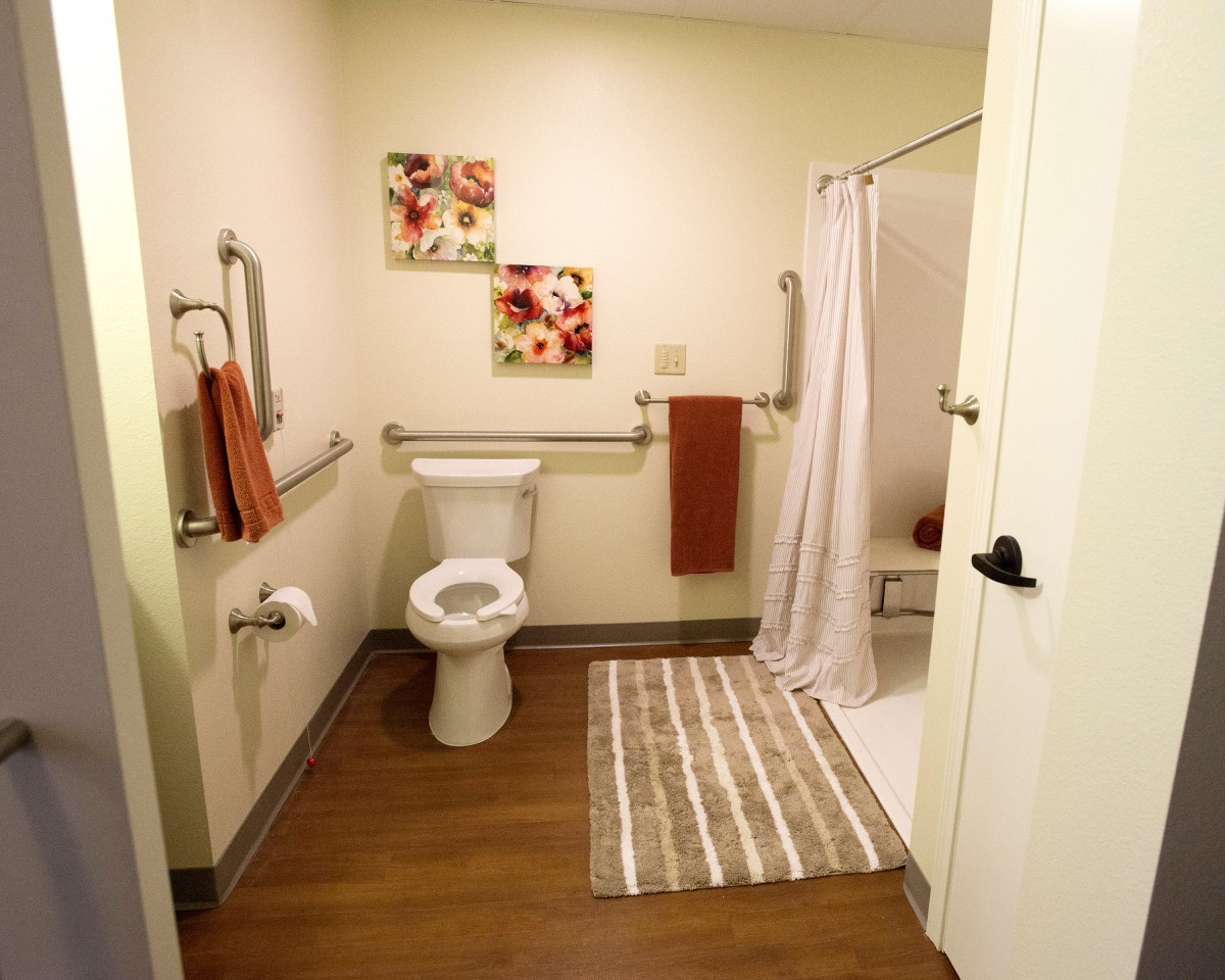 A well-lit bathroom with a toilet, shower, and decorative touches.