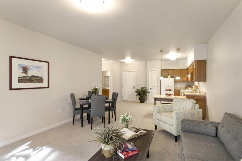 A modern open-plan living space featuring a cozy living room, dining area, and kitchen.