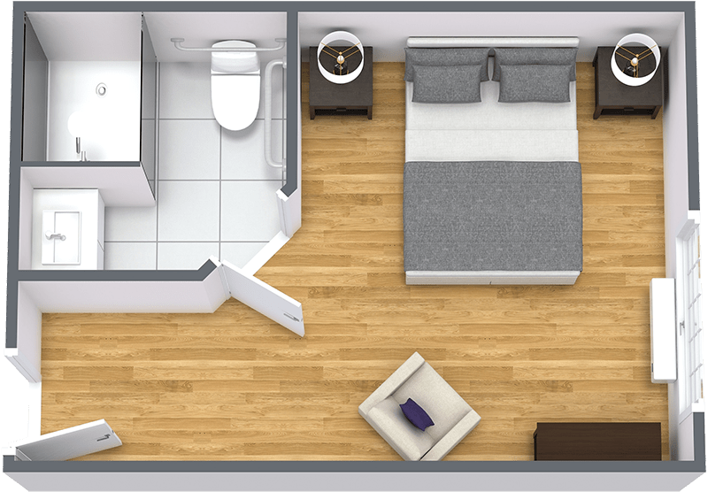 A simple bedroom and bathroom layout featuring a bed, nightstand, chair, and attached bathroom.