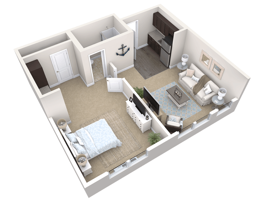 A 3D floor plan of a one-bedroom apartment featuring a living room, kitchen, and bedroom.