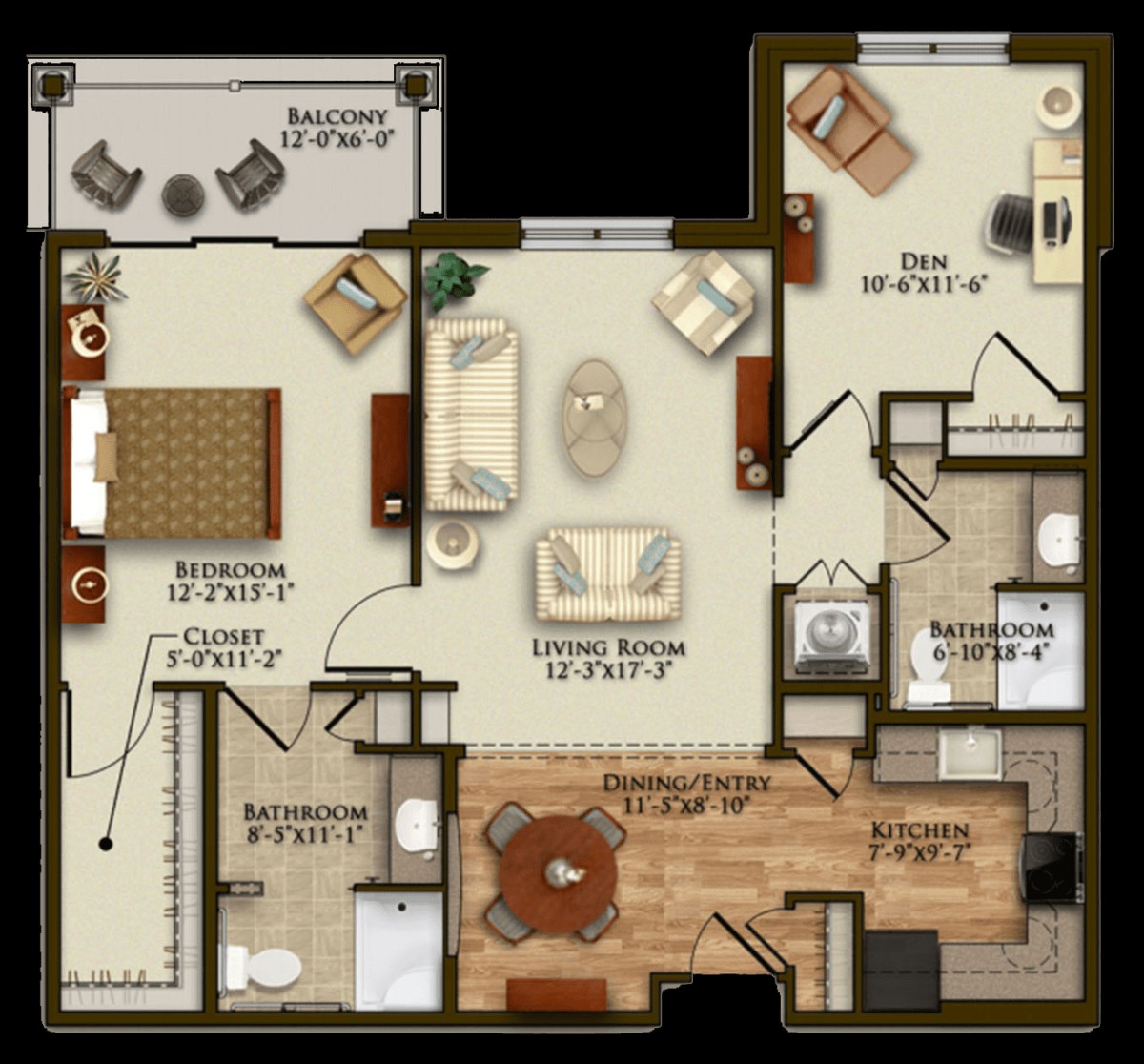 Floor plan of a two-bedroom apartment with a living room, kitchen, and balcony.