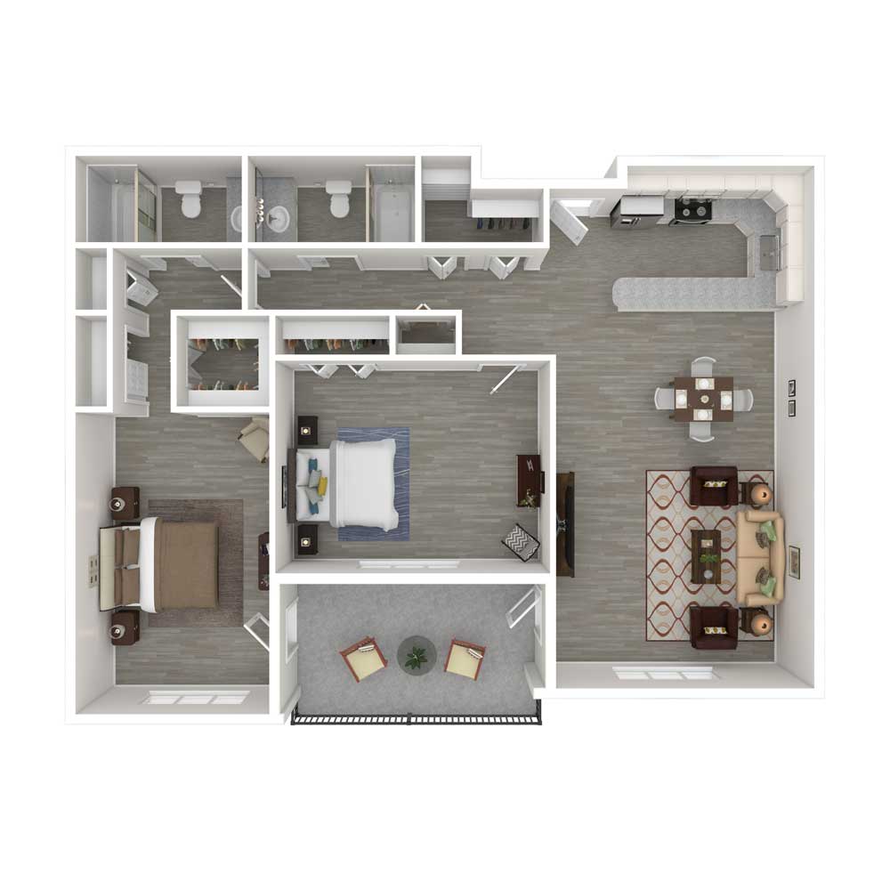 A detailed floor plan depicting an apartment layout with multiple rooms, including a bedroom, living area, kitchen, and bathrooms.