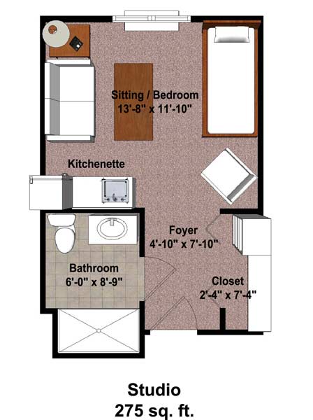 This is a floor plan of a studio apartment featuring a kitchenette, bathroom, closet, and combined living/bedroom area.