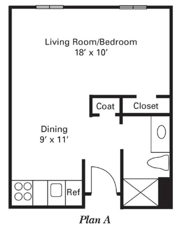Studio apartment floor plan with living/bedroom, dining area, kitchen, and bathroom.