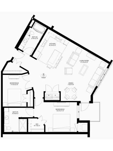 An architectural floor plan depicting the layout of an apartment, including rooms and furniture arrangement.