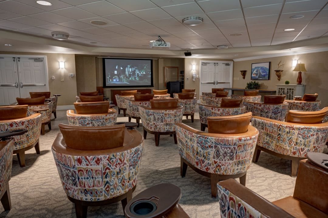 A cozy indoor movie theater with patterned chairs facing a large projector screen.