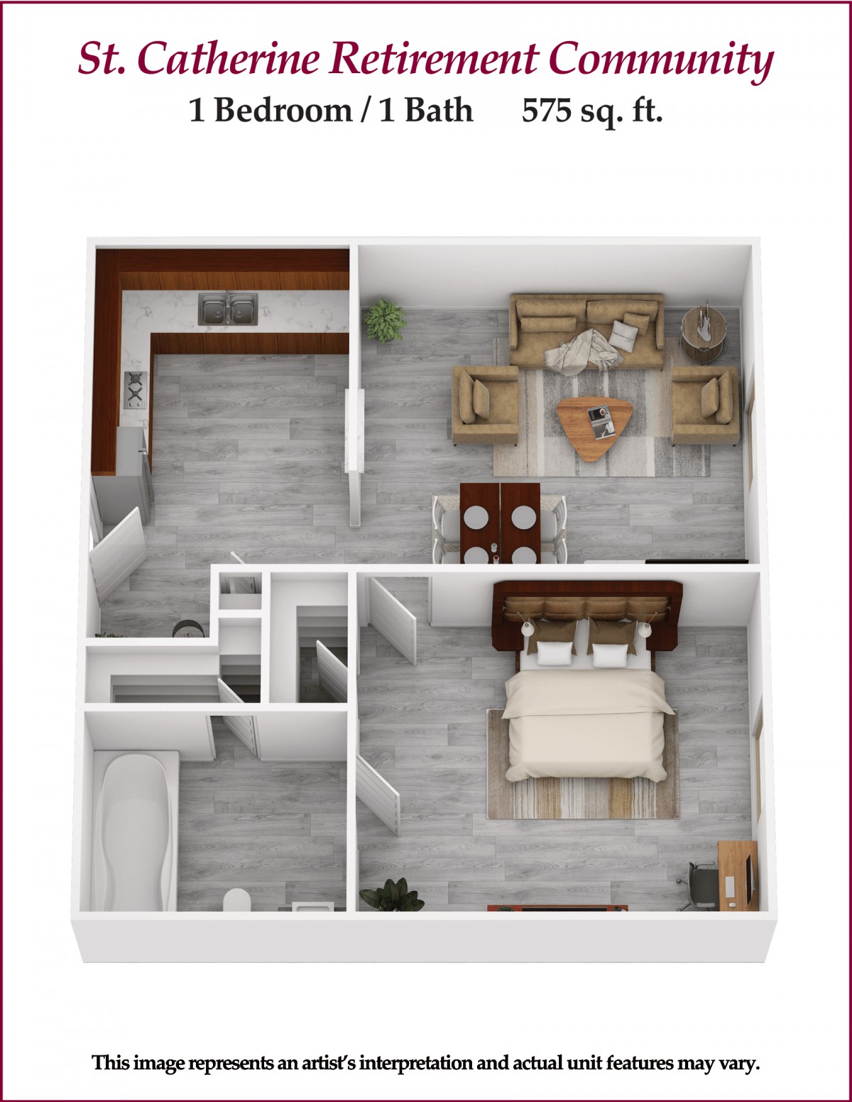 A 3D floor plan of a one-bedroom apartment including a living room, kitchen, and bathroom.