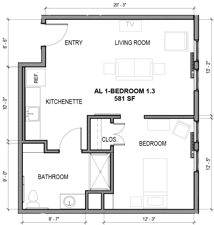 A labeled floor plan showing the arrangement of rooms and furniture in a home.