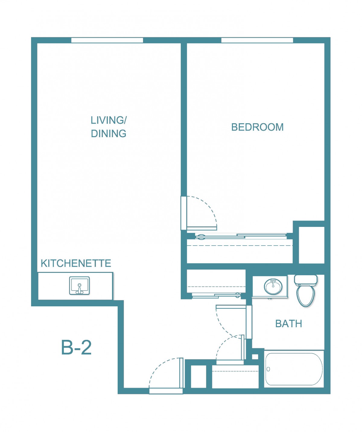 A floor plan of a one-bedroom apartment with designated areas for living/dining, a kitchenette, and a bathroom.
