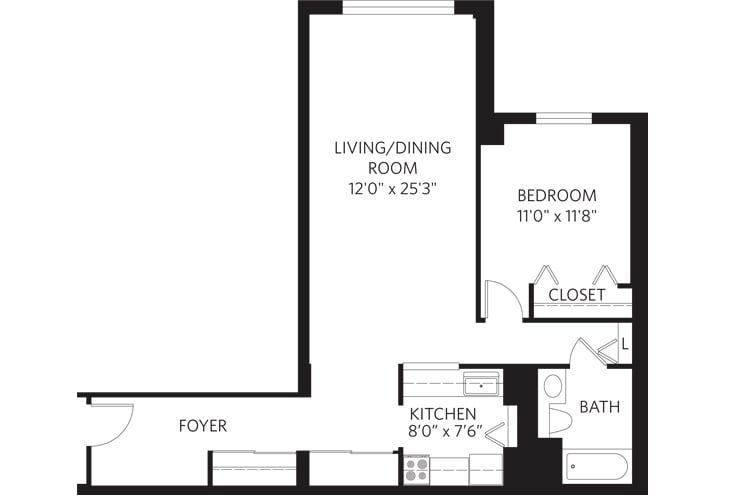 A floor plan of an apartment featuring a living-dining room, bedroom, kitchen, bathroom, foyer, and closet.