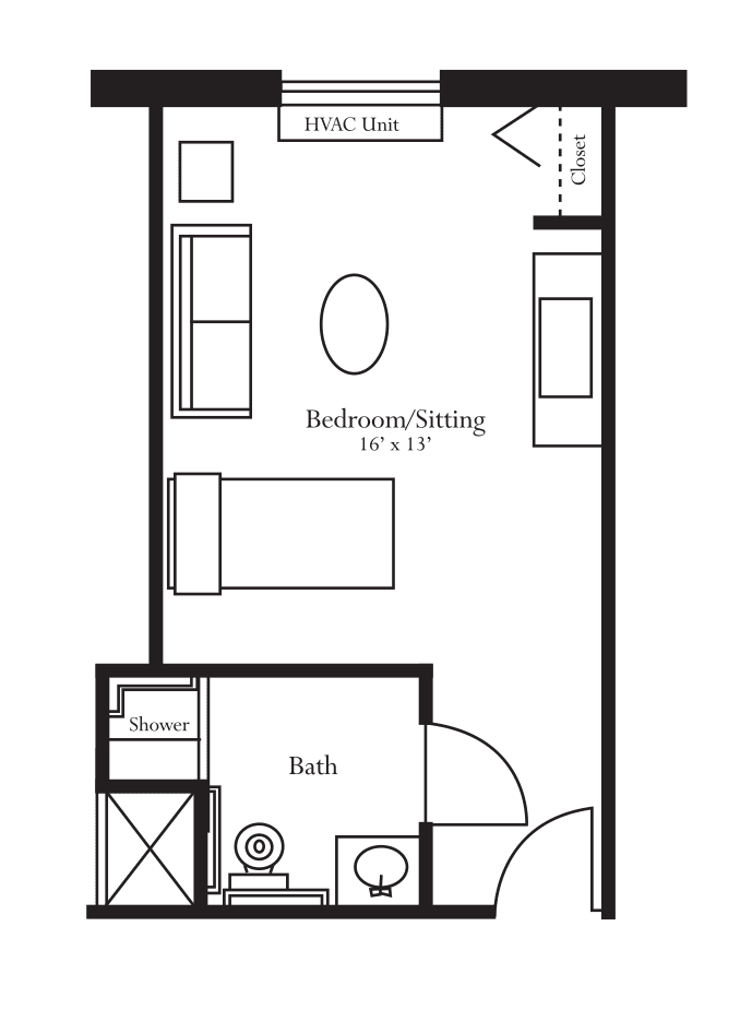 A floor plan depicting an apartment layout with a living area, kitchen, and bathroom.