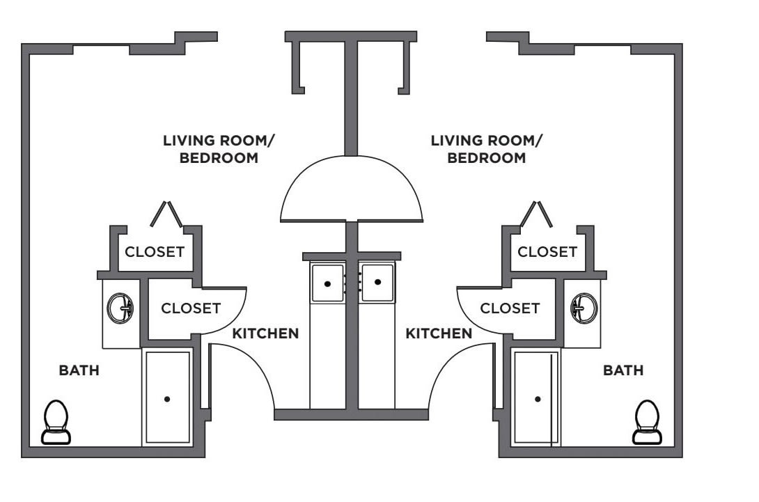 A floor plan showing a layout of two apartments, each including a living room/bedroom, kitchen, closet, and bathroom.